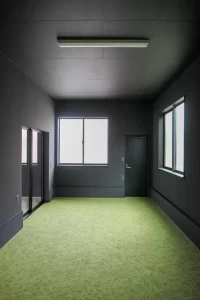 黒を基調とした室内。床は芝をイメージして緑色のタイルカーペット。