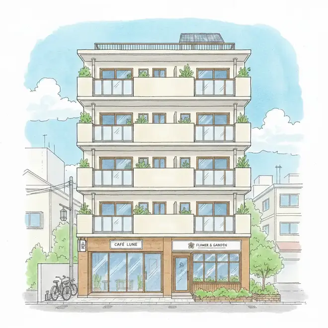 ケース1の1階がテナントで2階より上が住宅のよくあるマンションのイメージイラスト。テナントの割合が小さいマンションではなくある程度テナントの広さがあるマンションというのがポイント。