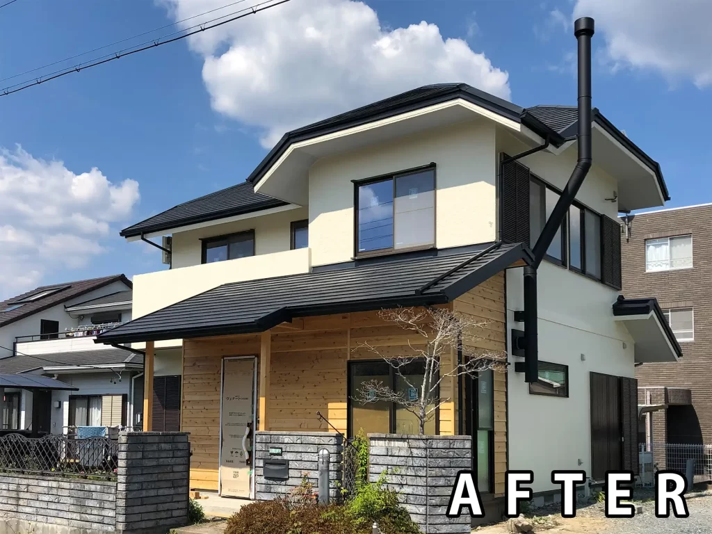 「山東の家」リノベ外観。改修後(AFTER画像)増築した部分の外壁は杉板を貼りました。