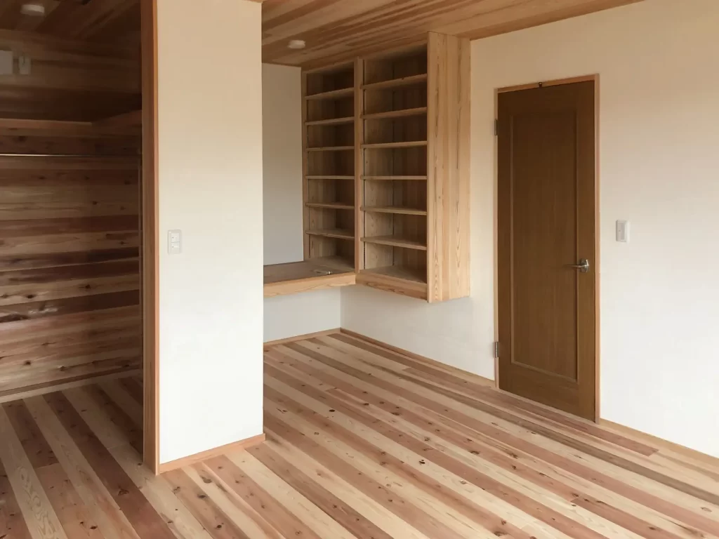 「山東の家」リノベ主寝室。床と壁に杉の無垢を貼っています。壁には大容量の造作本棚をつくって脇にテーブルを設えました